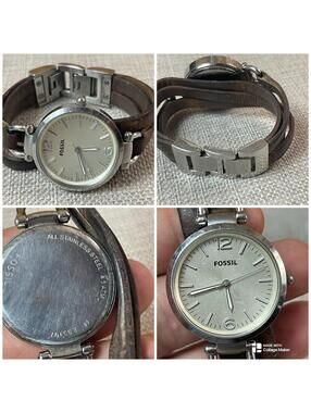 FOSSIL SILVER TONE S/STEEL LEATHER  with Brown BANGLE BAND WATCH ES3197 !! 6.5”